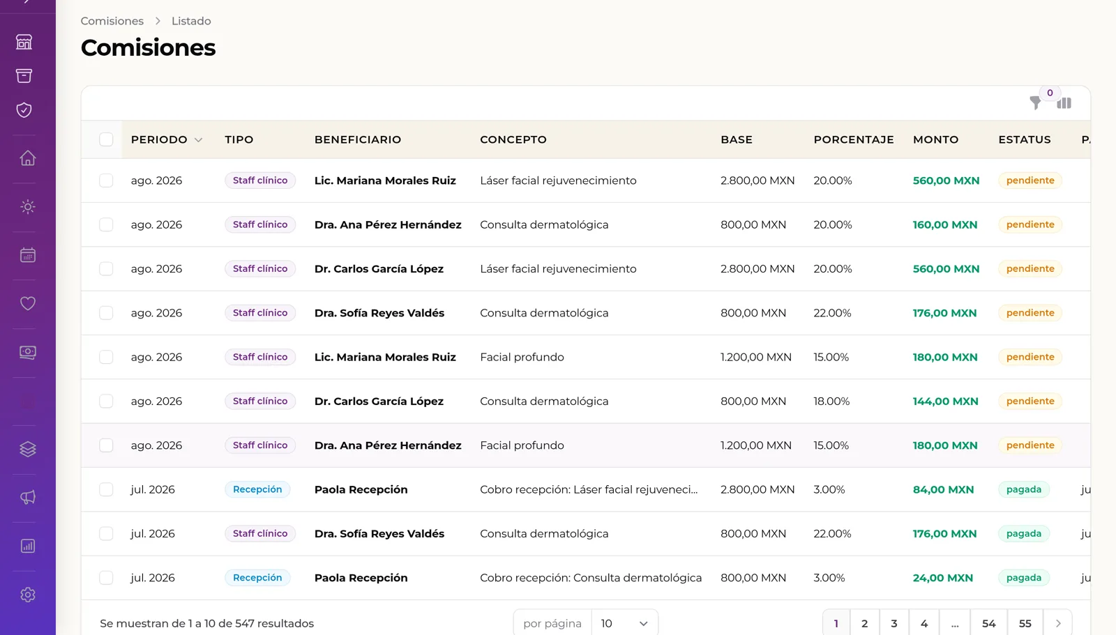 Pantalla de BookMedic para paquetes, caja y comisiones